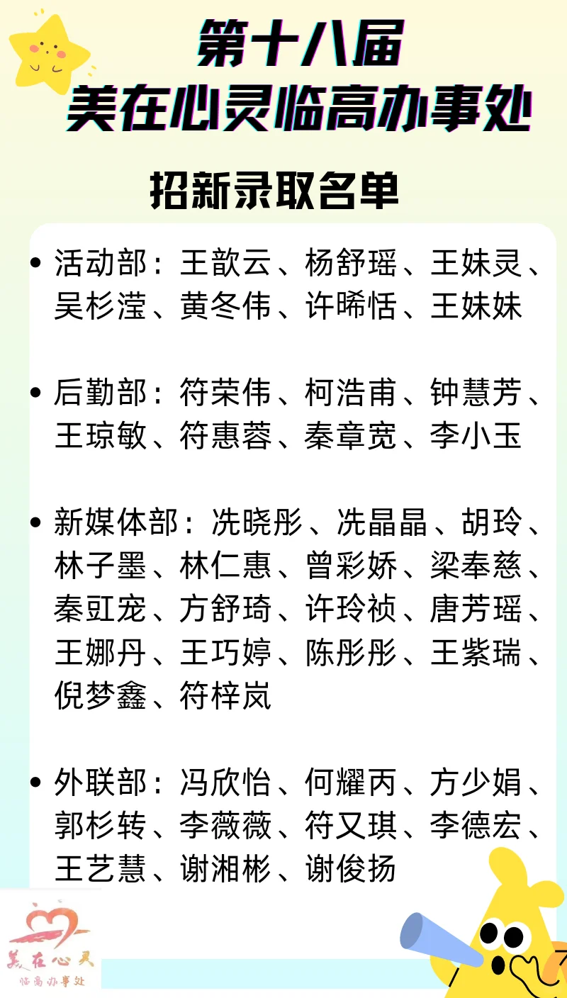 美在心灵临高办事处十八届招新录取名单