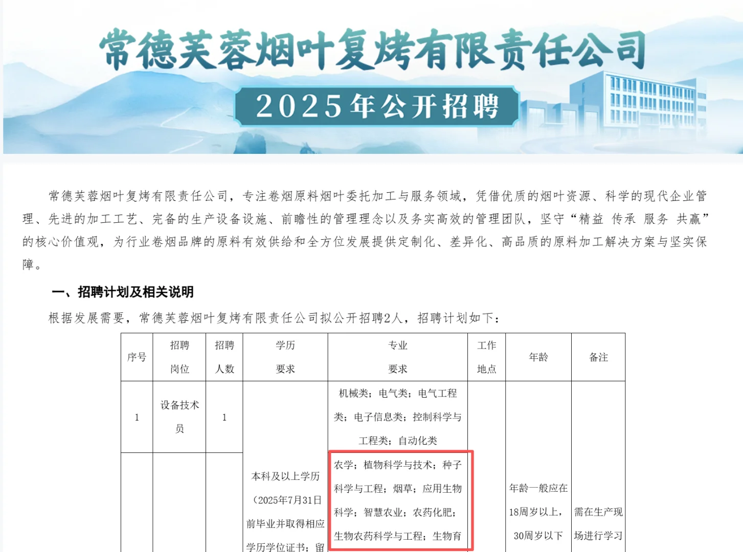 常德芙蓉烟叶复烤招聘农学食品植物保护等