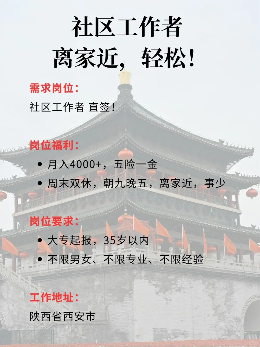 社区工作者！双休！朝九晚五！轻松稳定！
