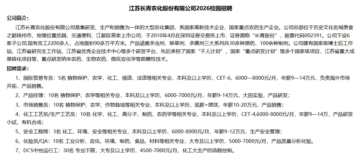 ［江苏长青农化公司］农学 植保 环境 种子