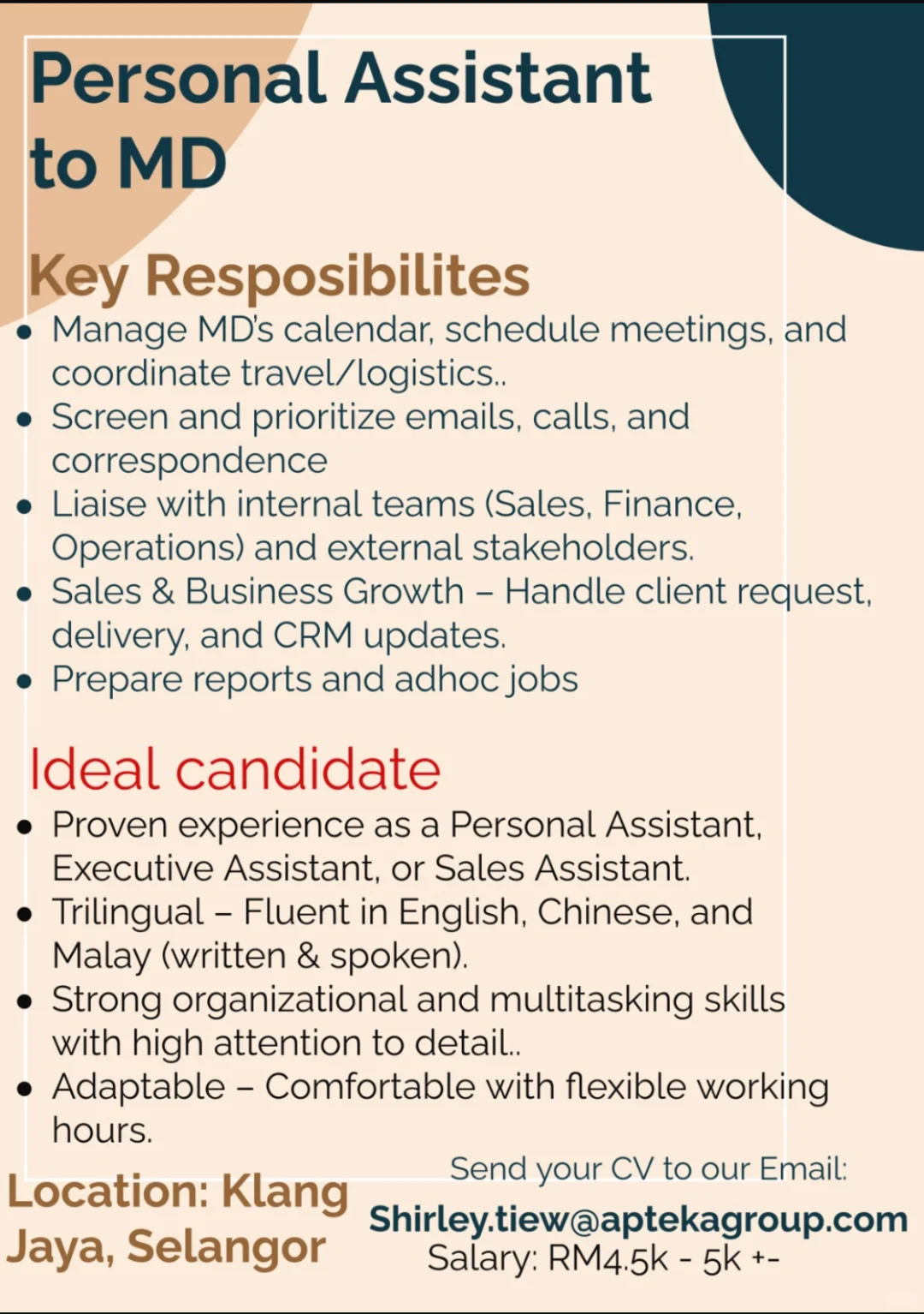 Personal assistant vacancy needed