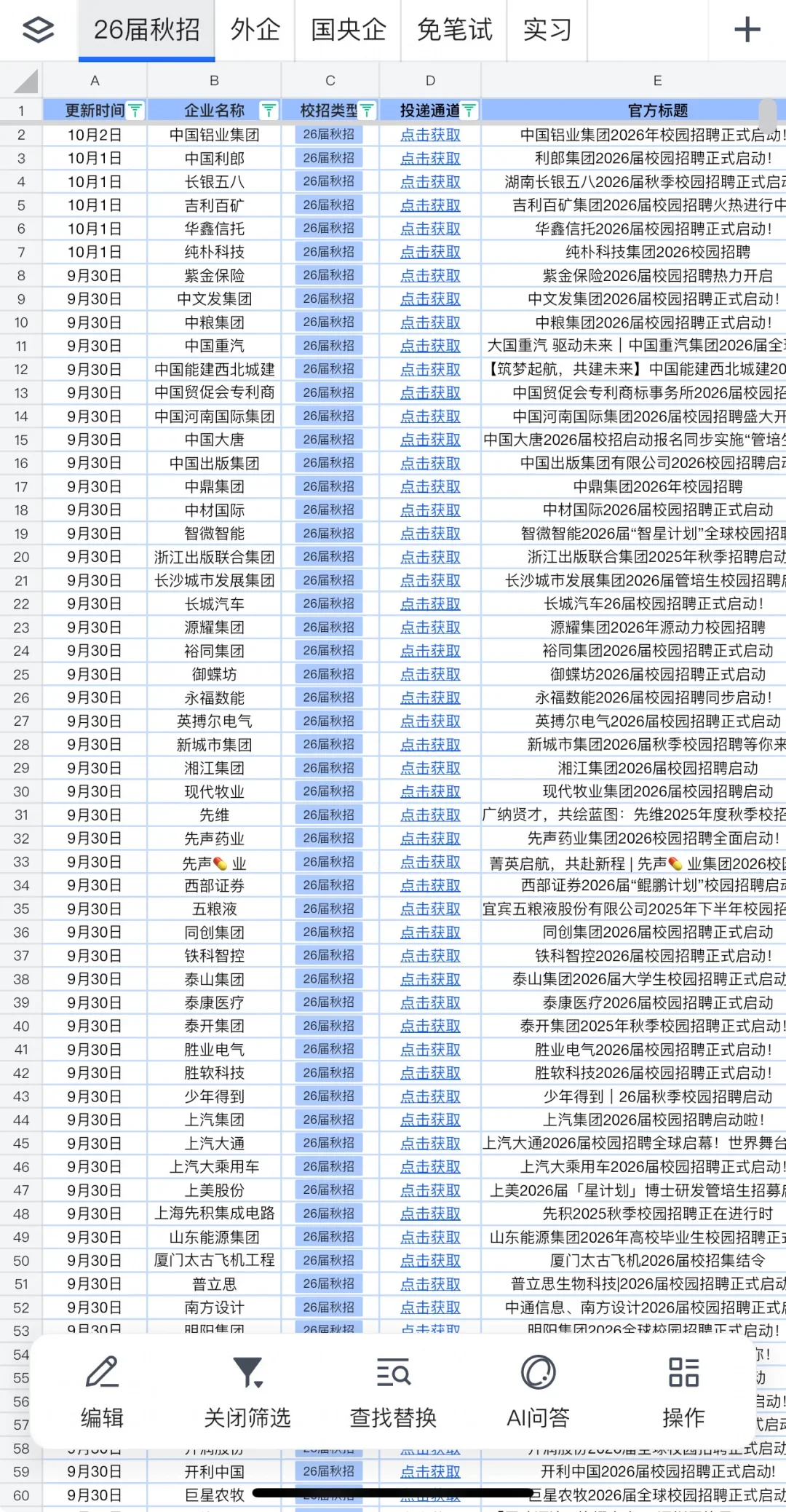 2026届秋招信息汇总（10.4版）