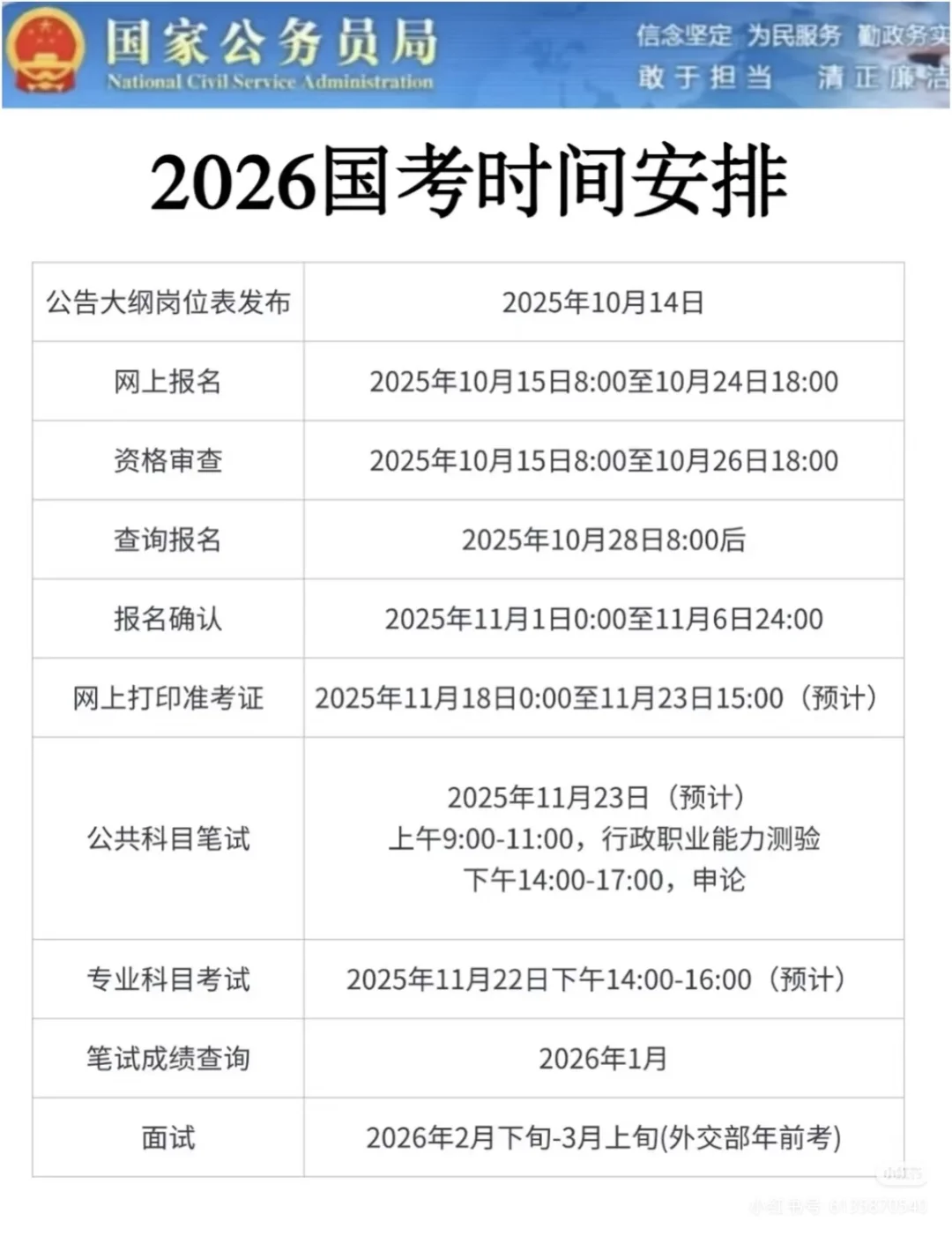 定了！！2026国考时间安排