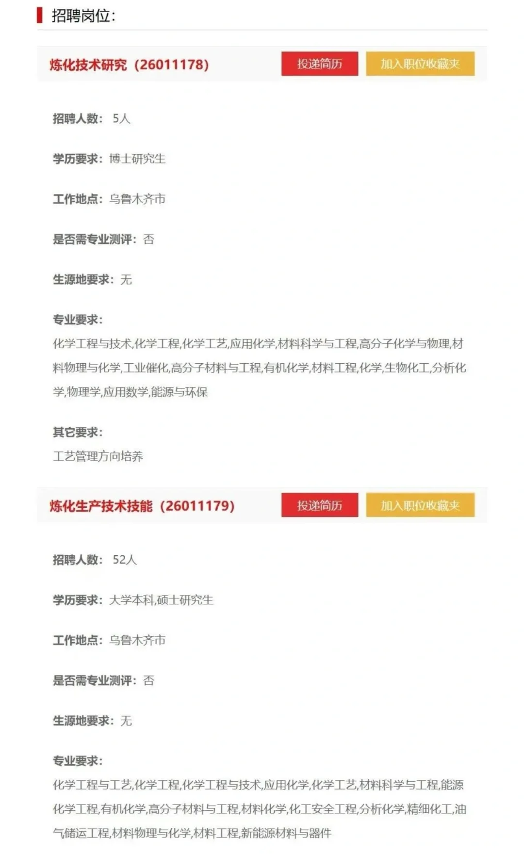 乌鲁木齐石化分公司招聘