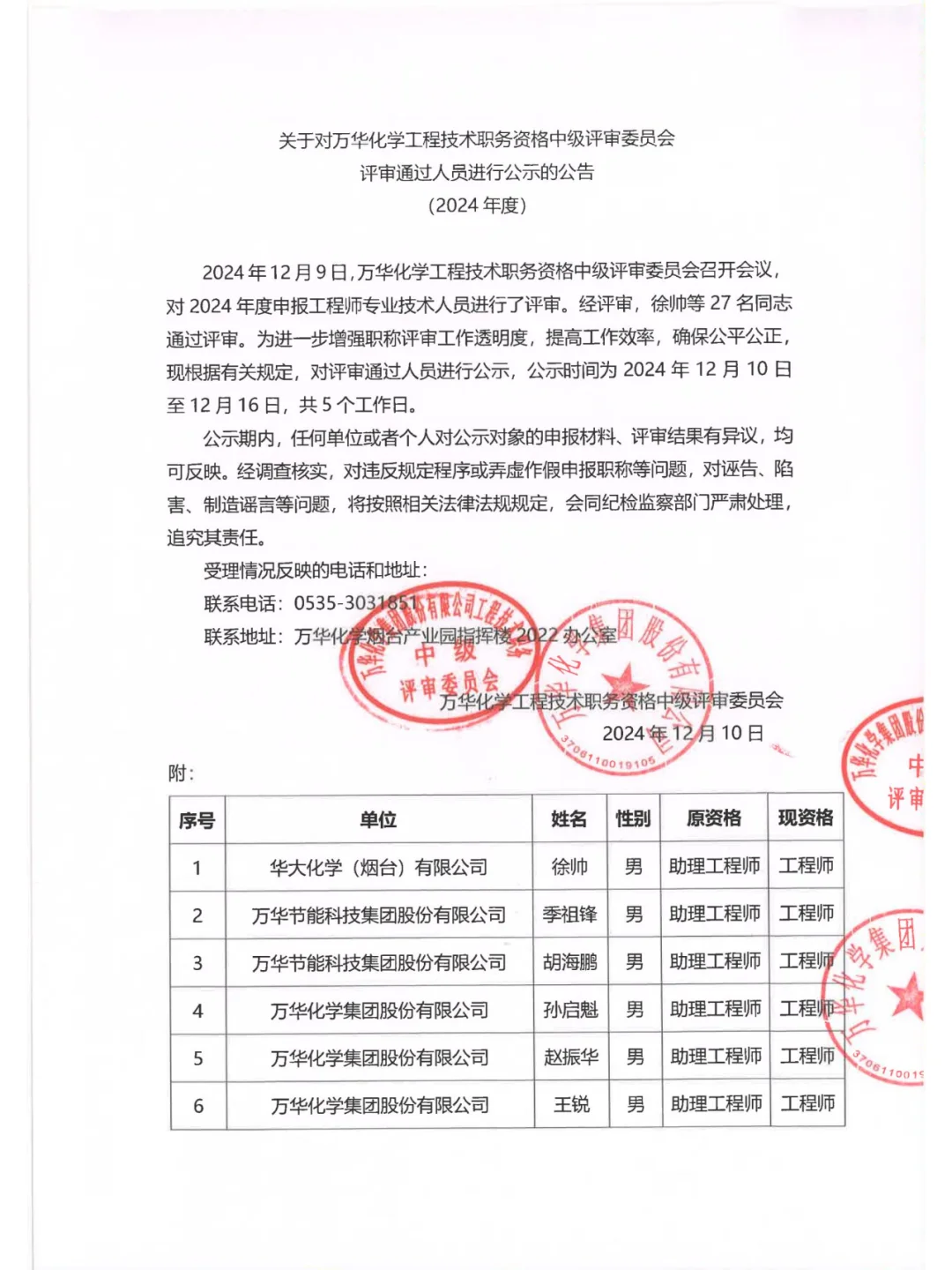 24年烟台万华化学工程技术中级职称公示