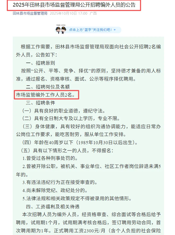 2025年田林县市场监督管理局公开招聘编外