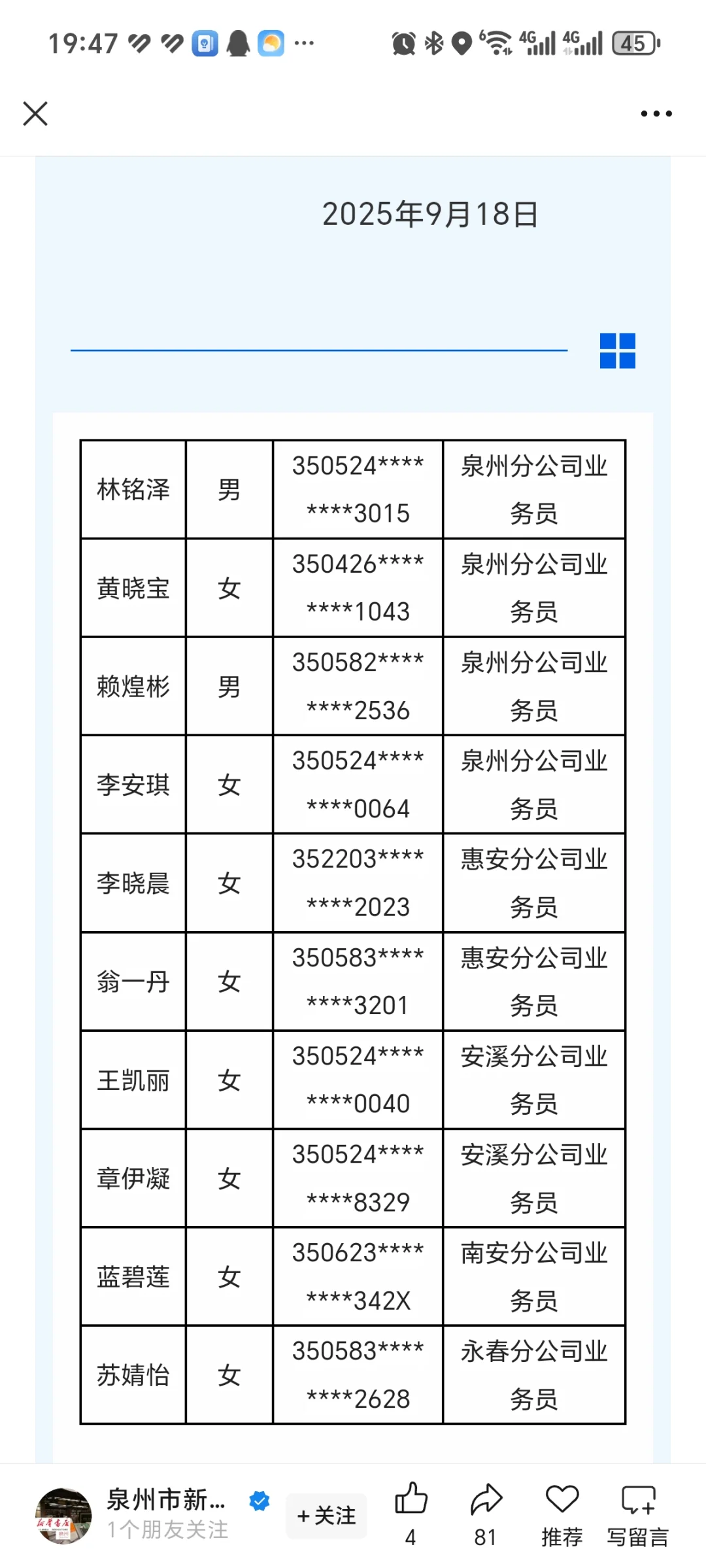 泉州新华书店面试结果公示