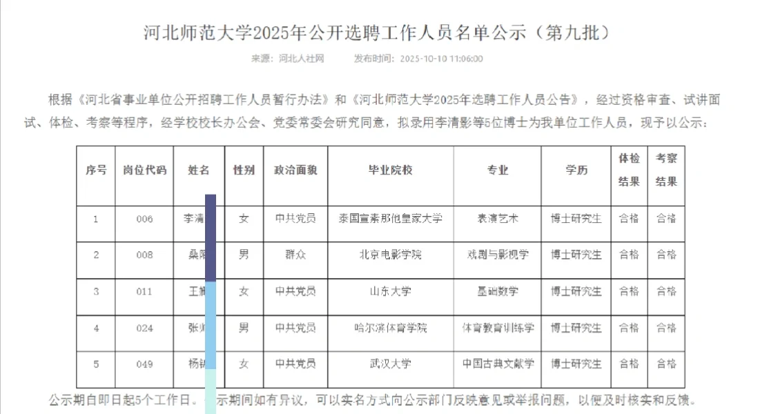 河北师范大学2025年选用人员名单（第九批）