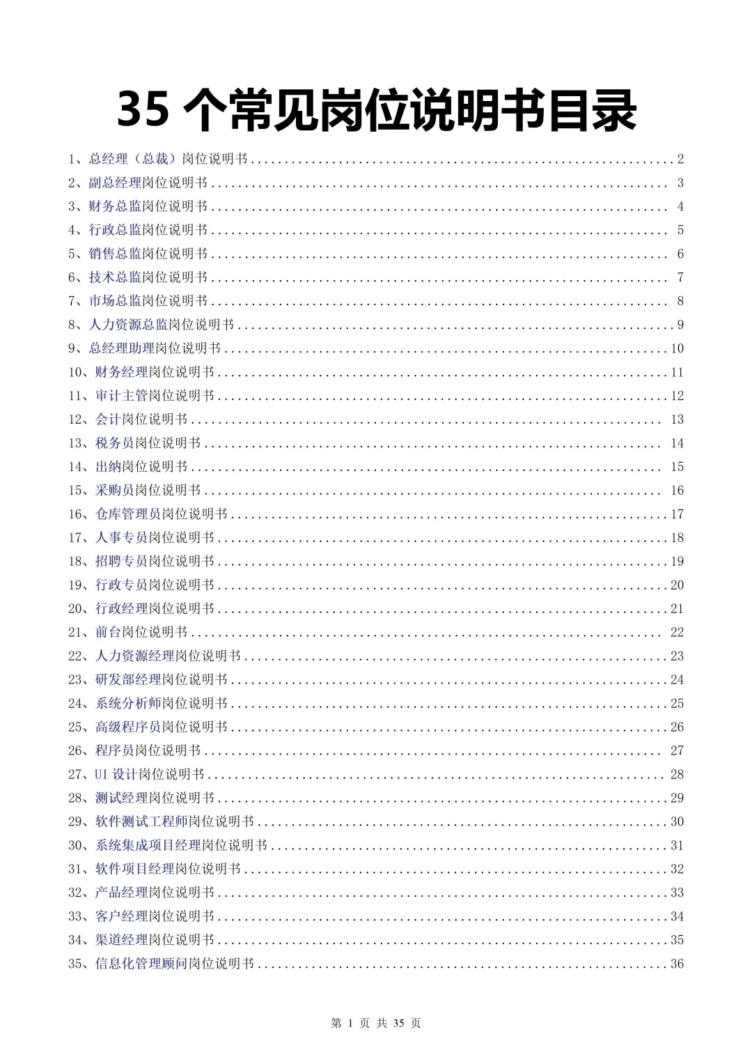 HR必备的35个常见岗位说明书分享（附文档）📚