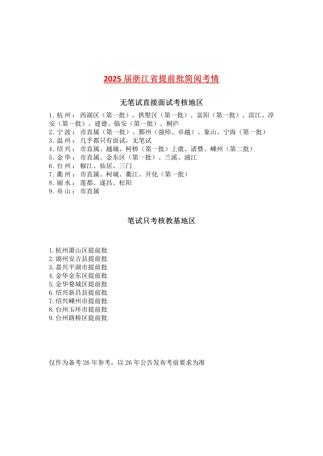 25届浙江提前批教师不考核笔试直接面试地区