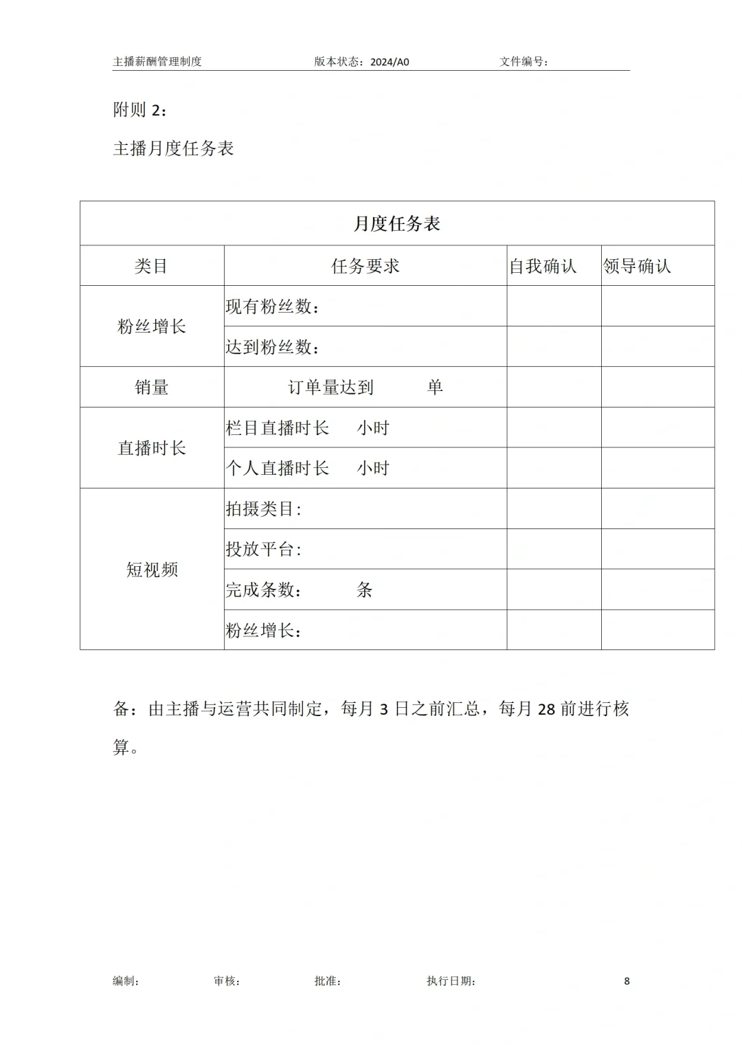 🙋直播运营-直播主播薪酬方案管理制度