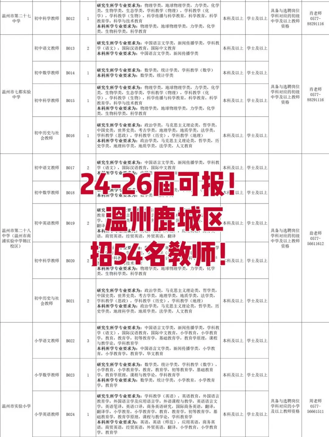 54名！24-26届可报！温州市鹿城区聘教师