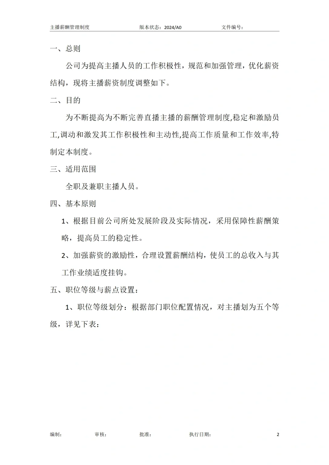 🙋直播运营-直播主播薪酬方案管理制度