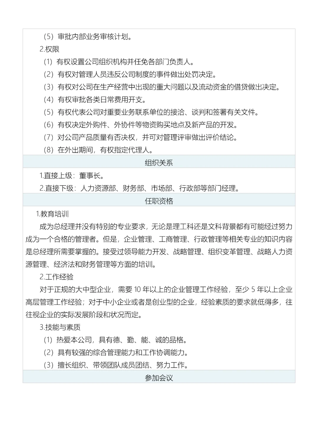 总经理岗位说明书