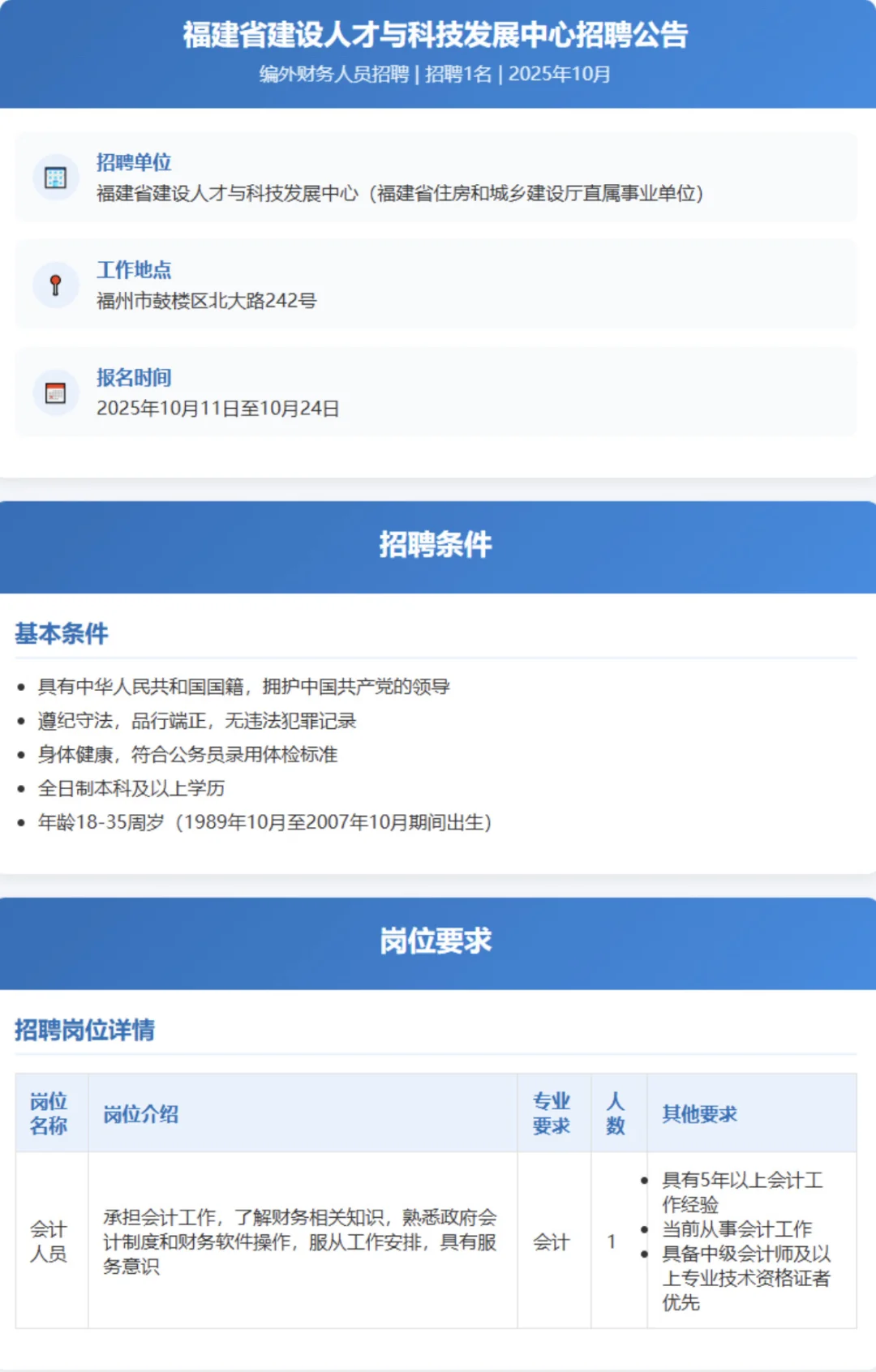 福建省建设人才与科技发展中心招聘1名会计！