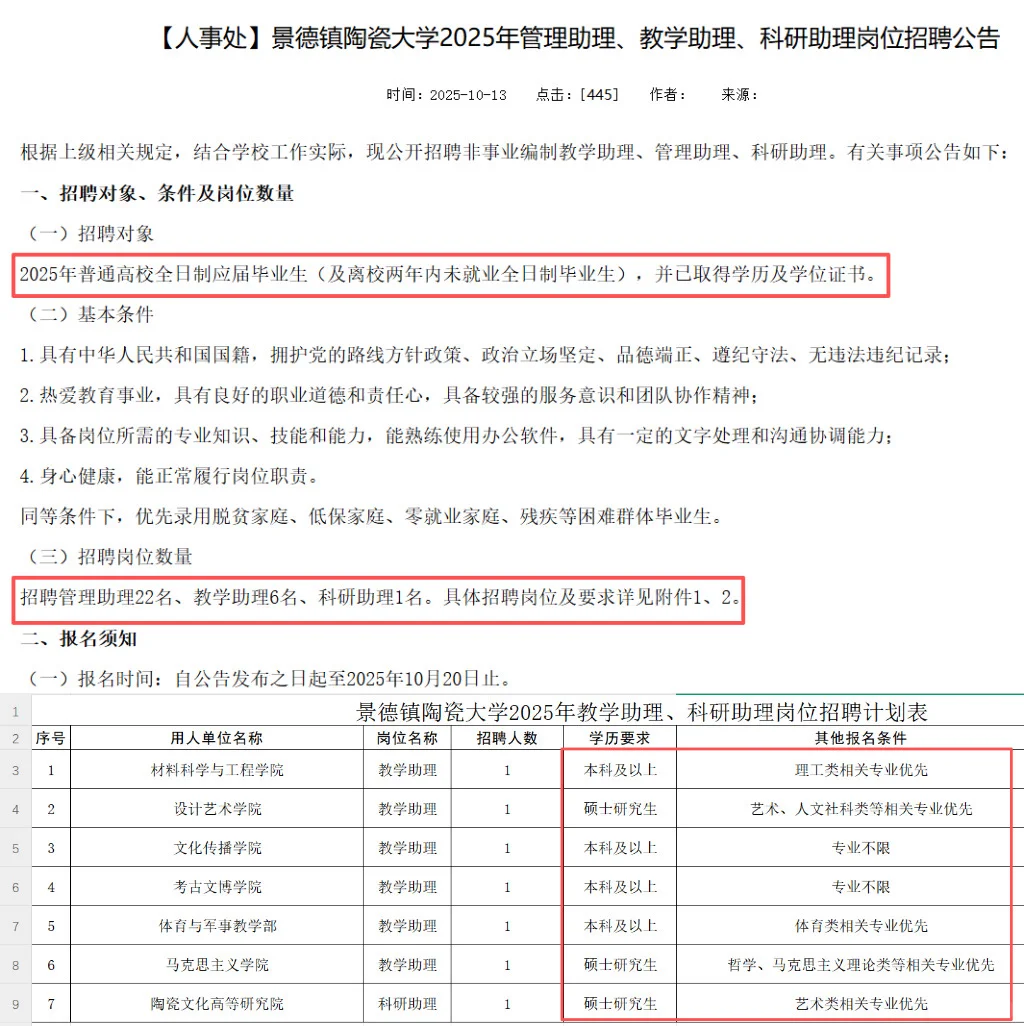 景德镇陶瓷大学招录29人，本科起，无笔试！