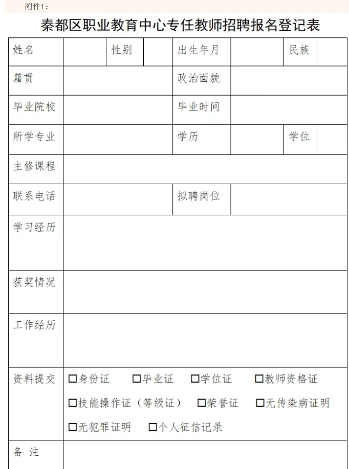 咸阳秦都区职业教育中心招聘专任教师