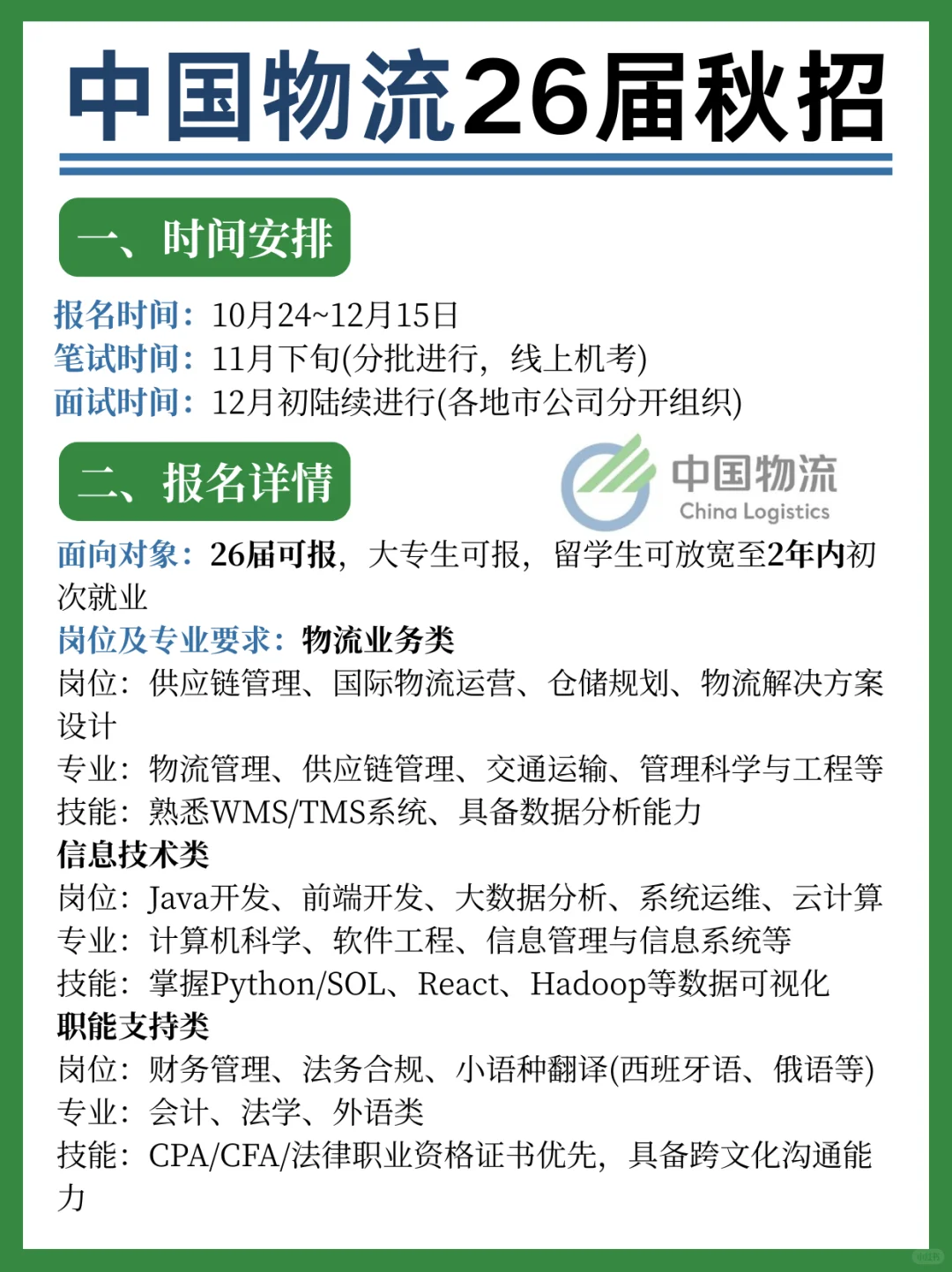 中国物流2026校园招聘来啦！