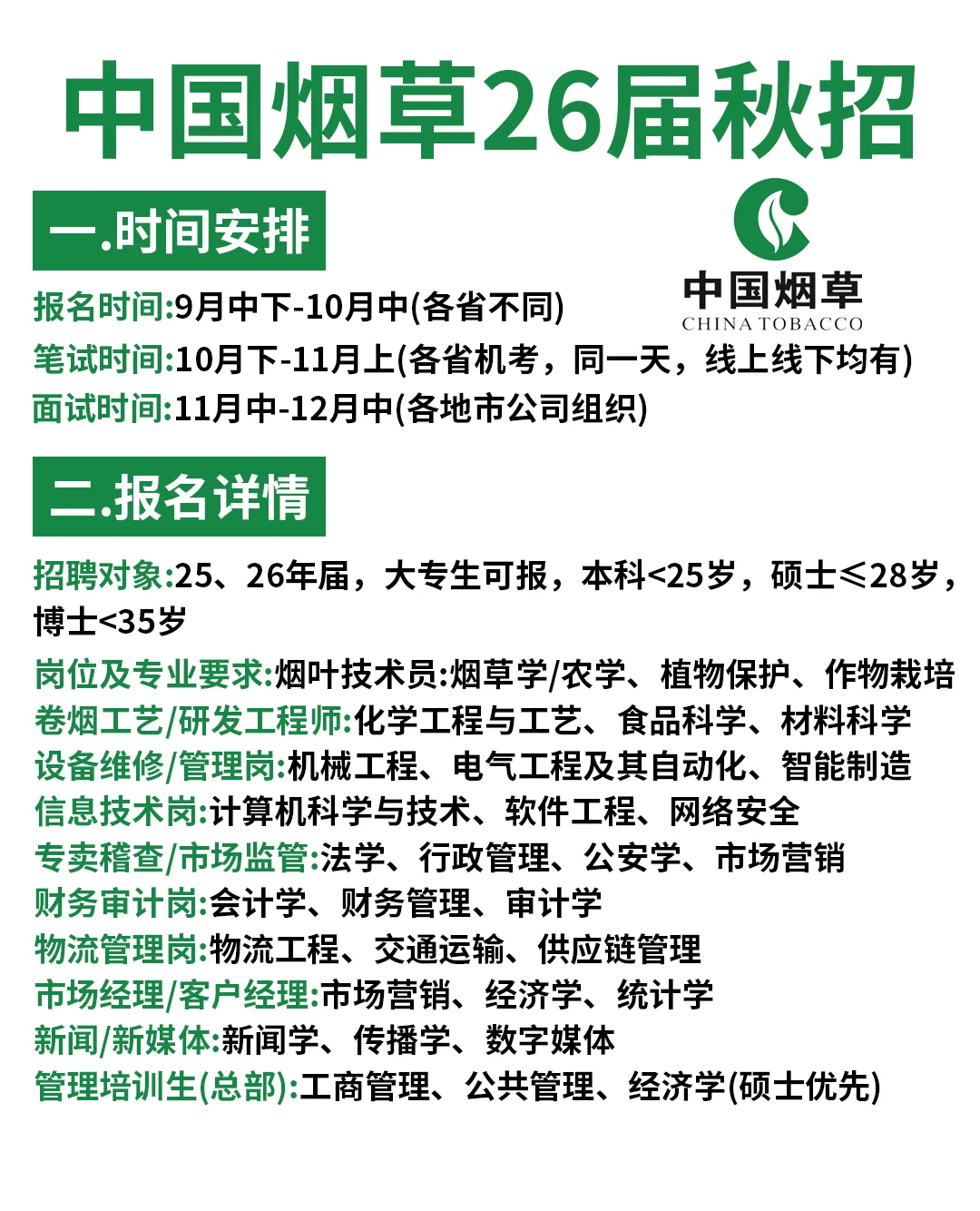 中国烟草2026校园招聘公告