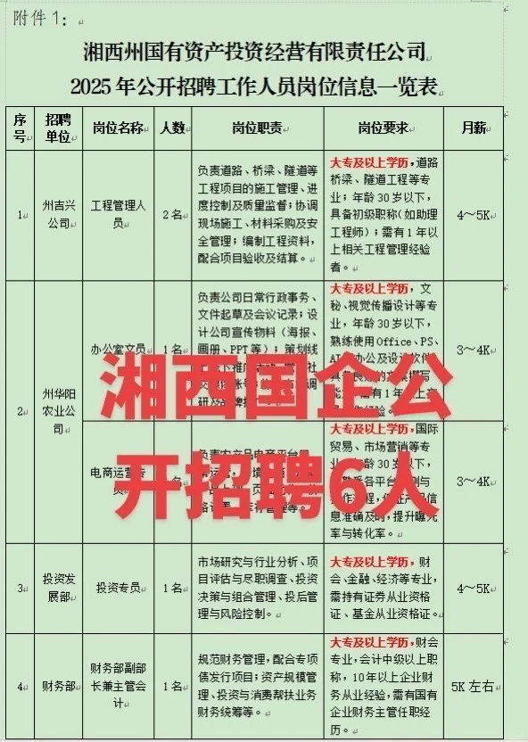 湘西国企公开招聘6人。大专以上学历