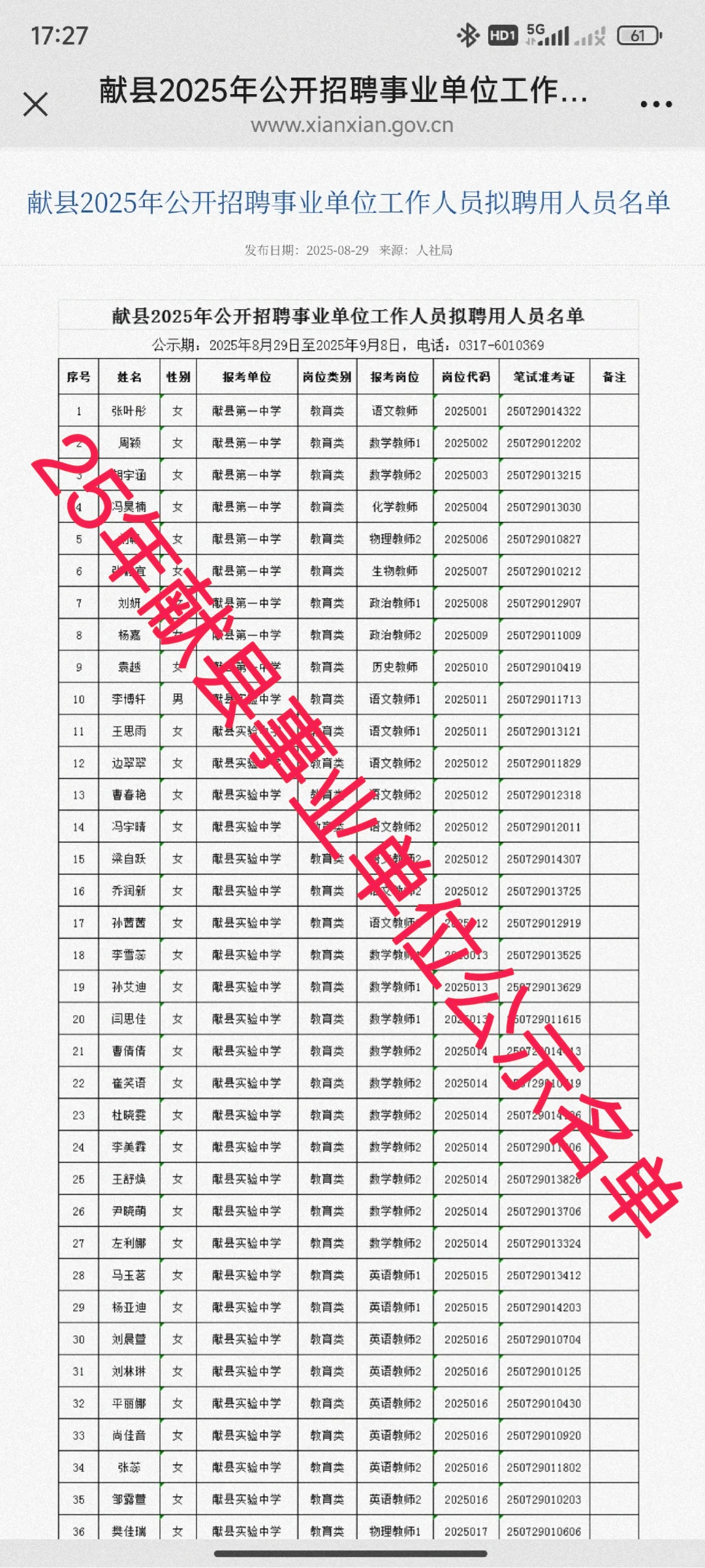 25年献县事业单位公示名单