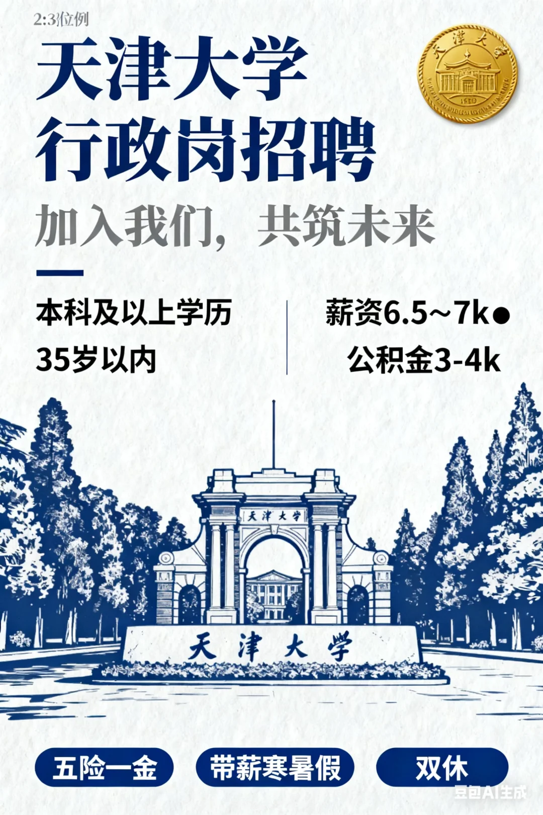 天津大学行政岗招聘！五险一金+寒暑假+双休
