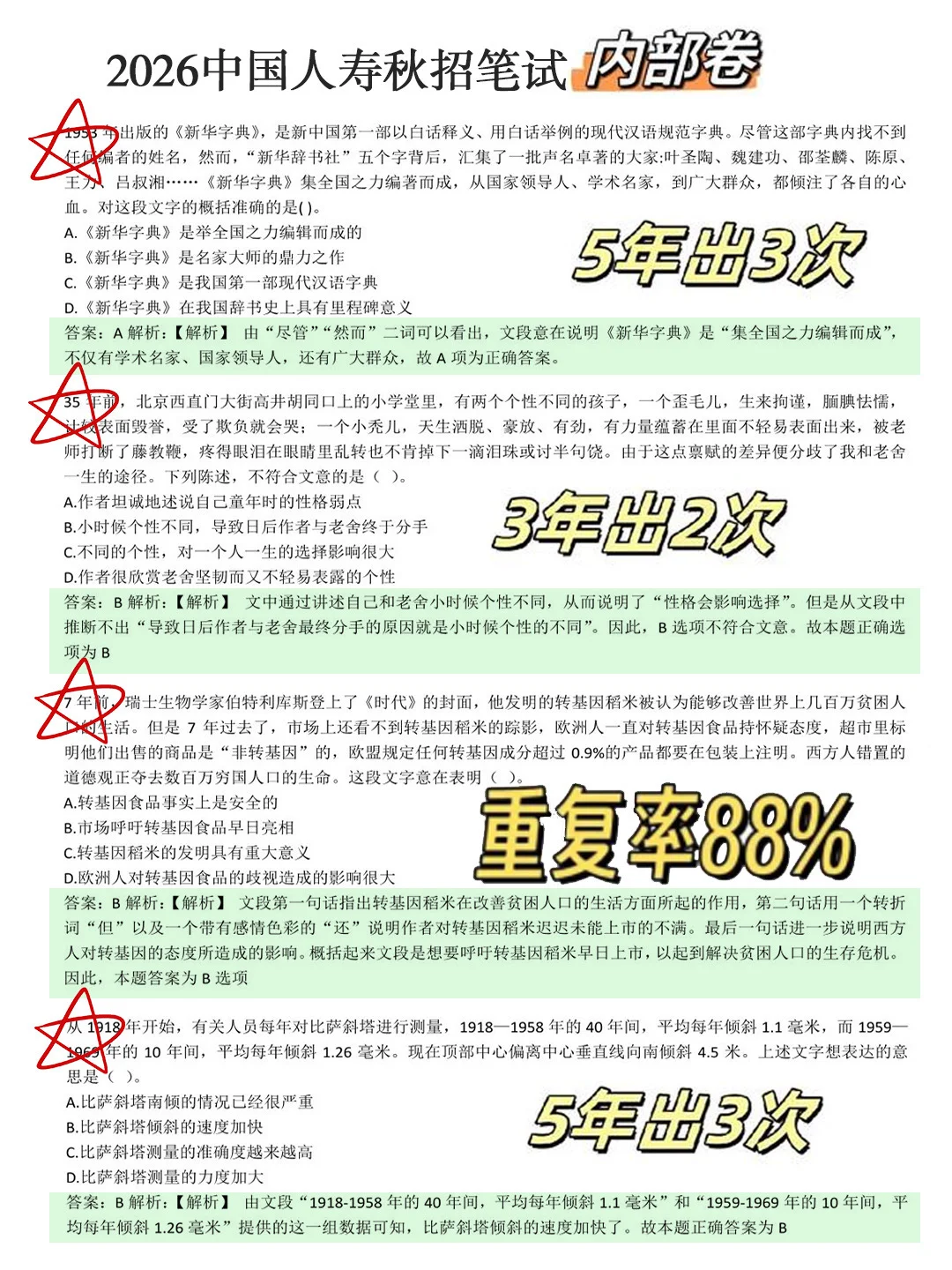 强调一下10.15人寿笔试，极简纯背300母题