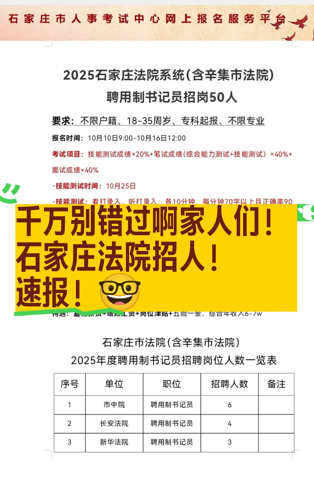 招 50 人🙌石家庄法院书记员缺人啦！