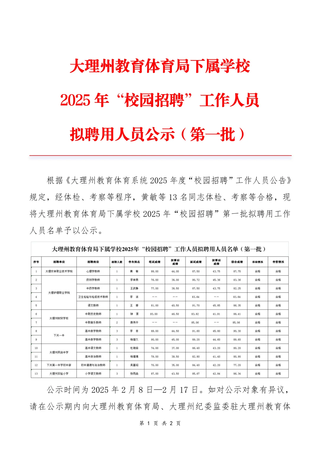 大理州教体局2025年校园招聘录用公示第一批
