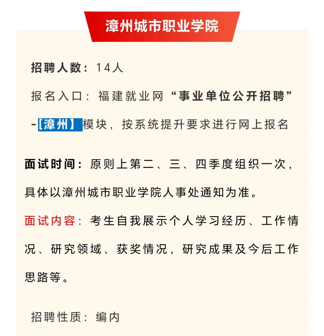 漳州城市职业学院2025年招聘高层次人才14名