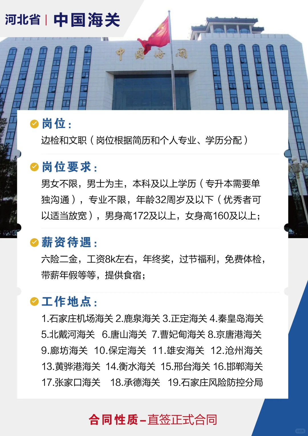 河北省中国海关招边检与文职岗位