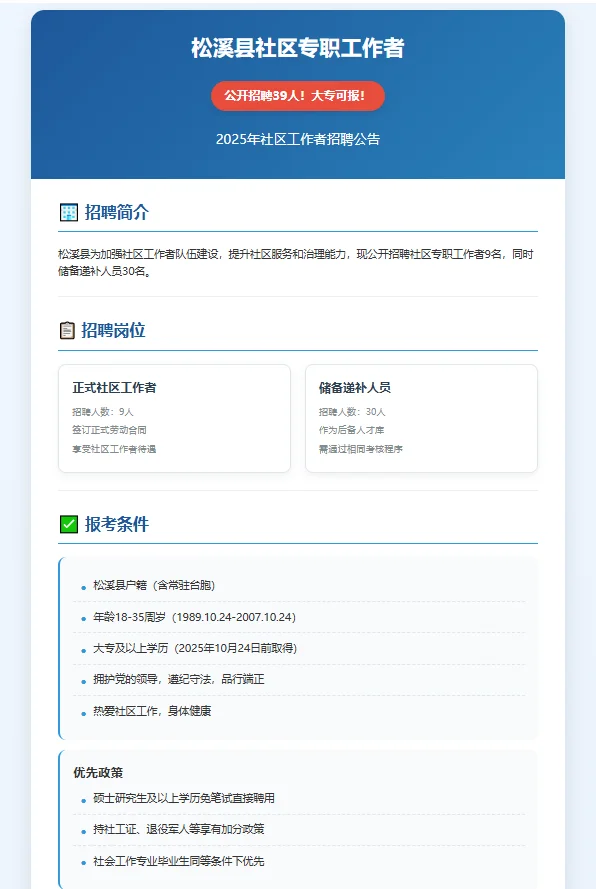 🔥松溪县社区工作者招聘39人！大专可报！