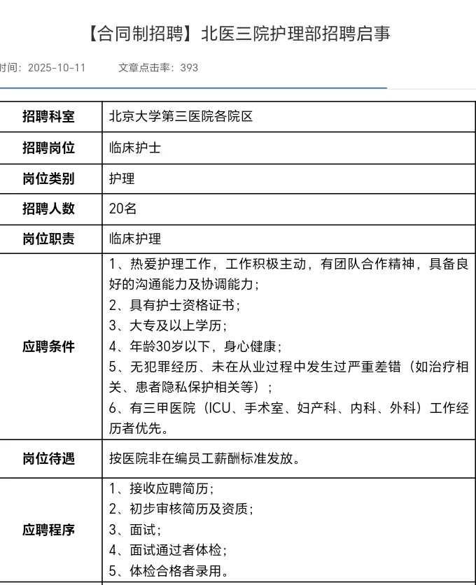 【合同制招聘】北医三院护理部招聘启事