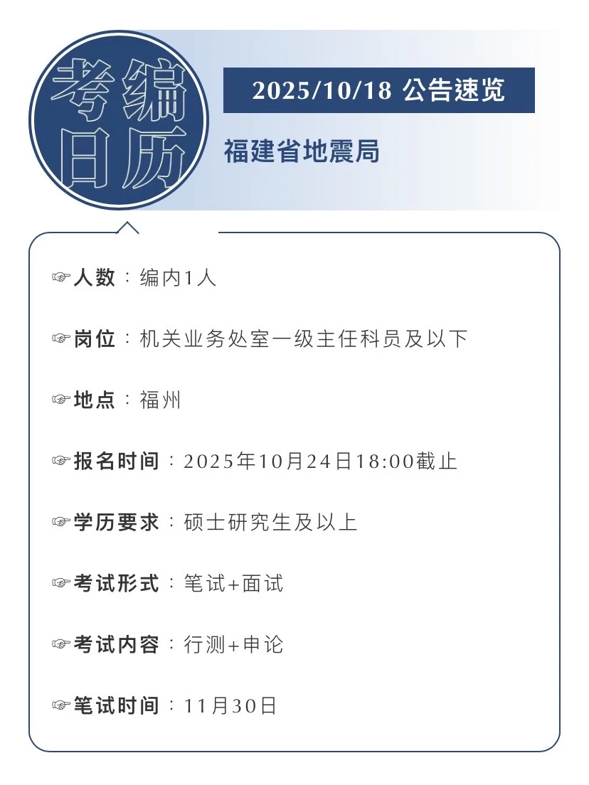2025.10.18｜福建地震局招聘编内1人