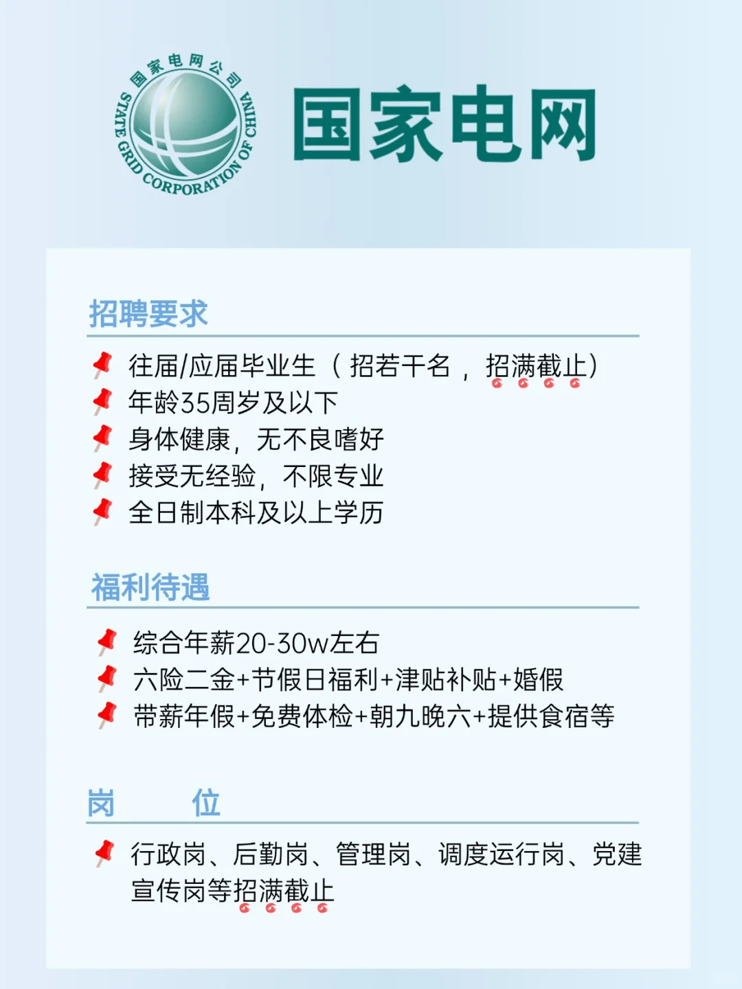国家电网招人啦，六险二金，福利待遇好！！