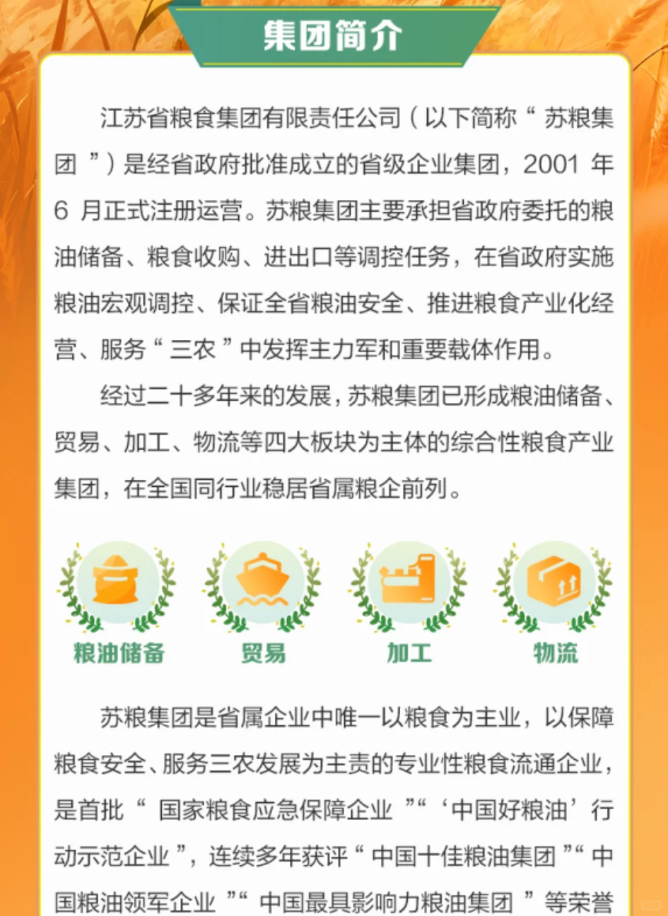 国企｜江苏省粮食集团招聘26届农业类相关