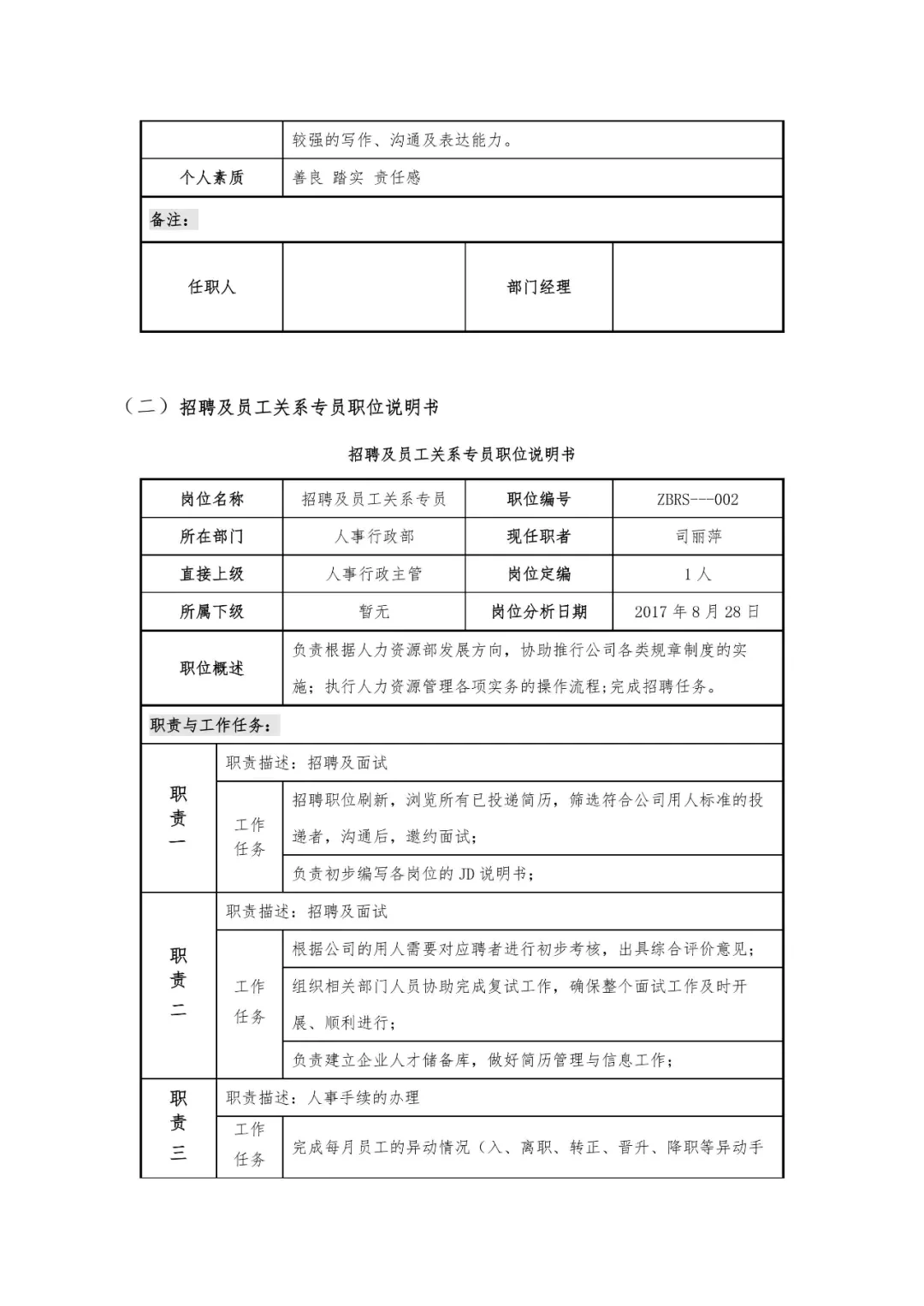 人事职位职责