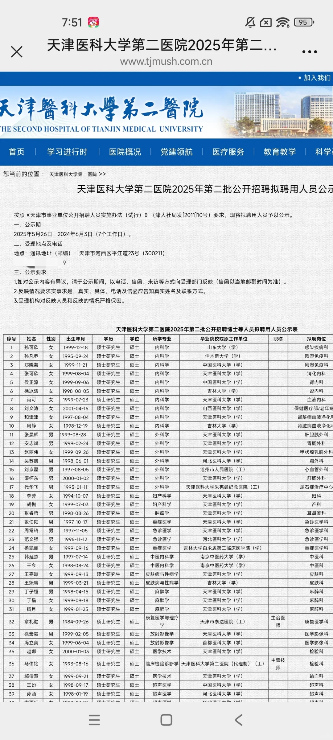 2025天津医科大学第二医院第二批录取人员