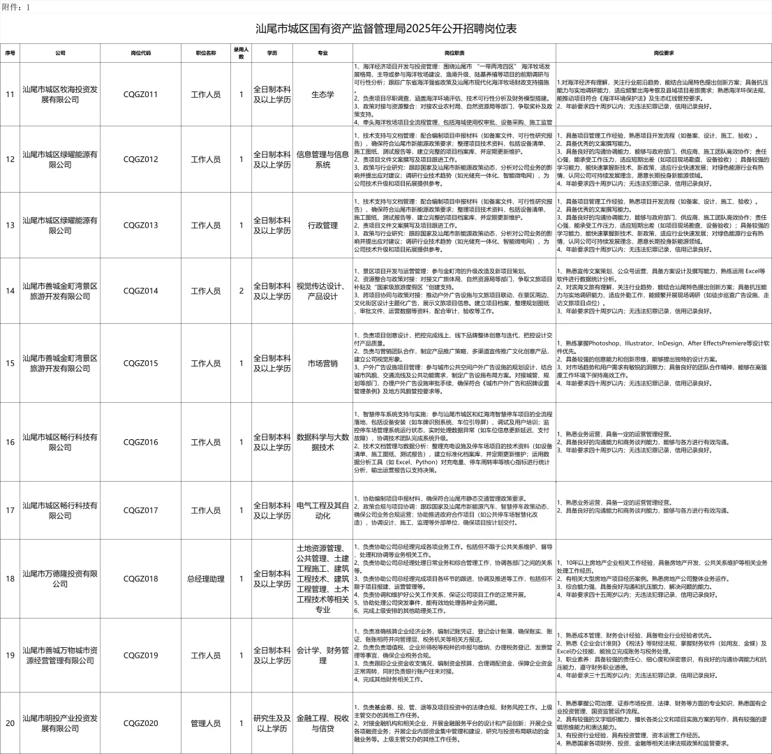 汕尾市城区国有资产监督管理局招聘公告