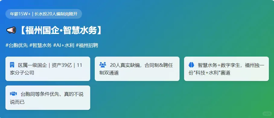 📣【福州国企·智慧水务】年薪15W+！长水投2