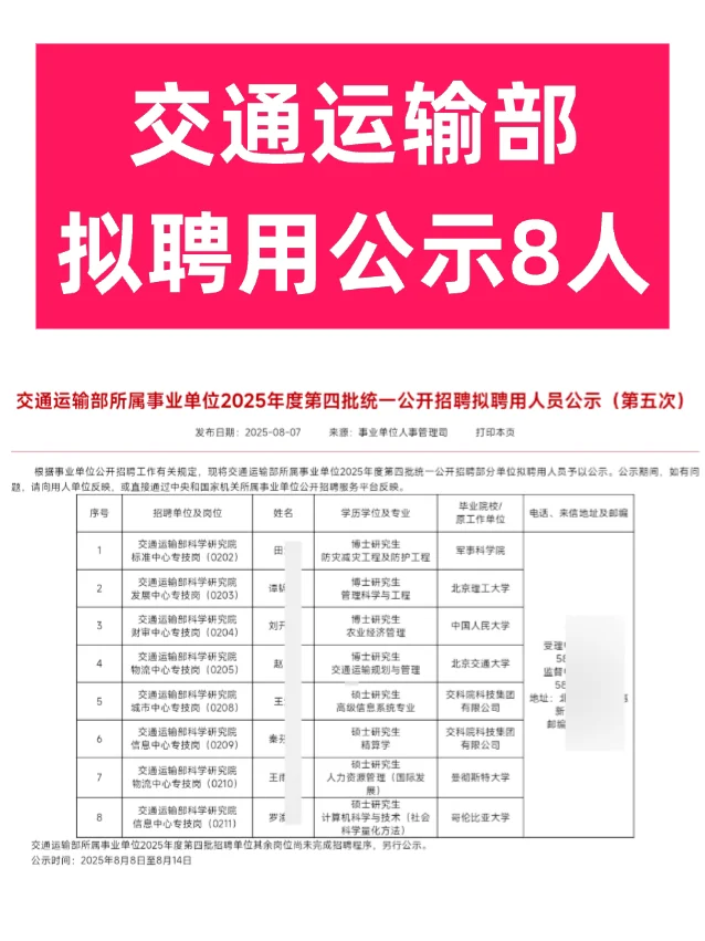 交通运输部拟聘用公示8人 🎉恭喜上岸！