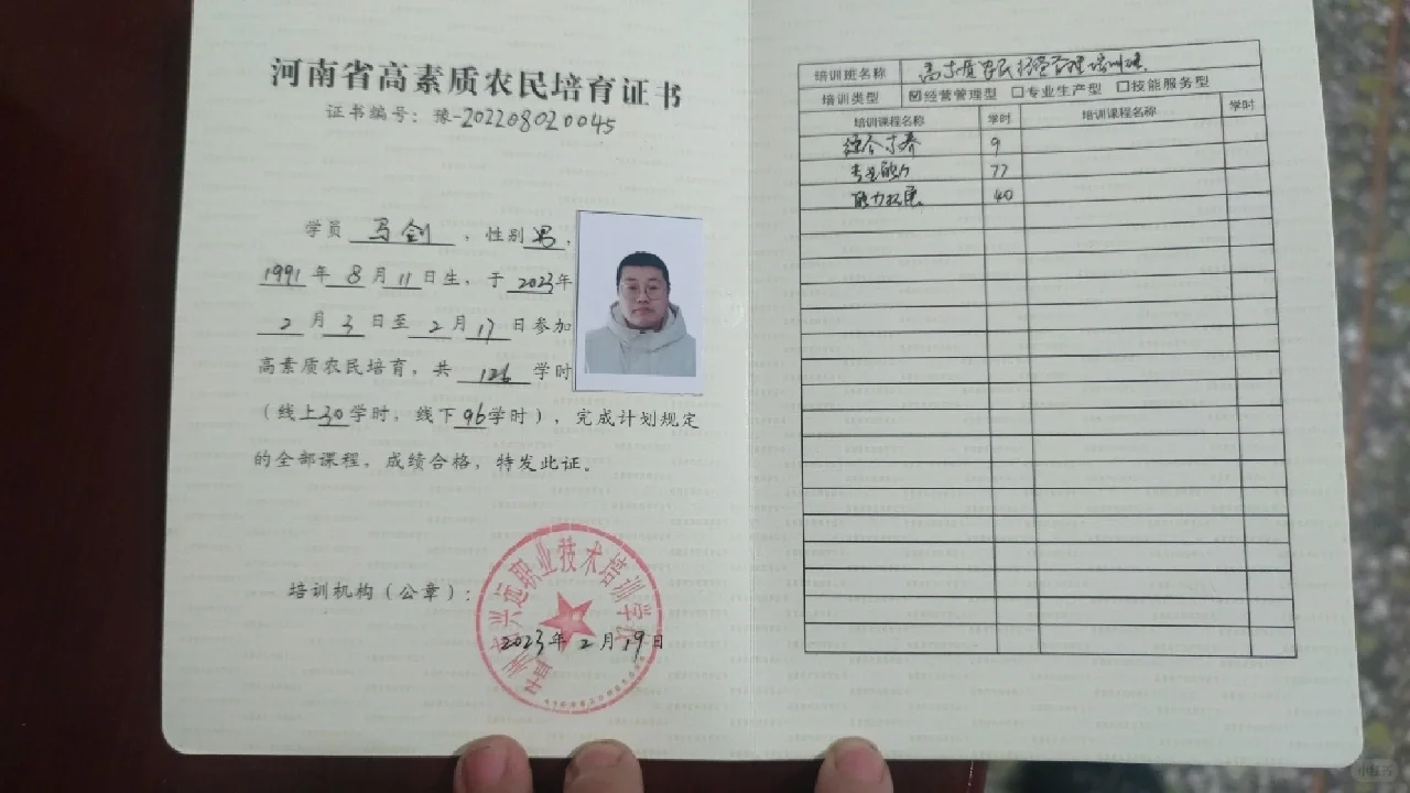 高素质农民培训证书