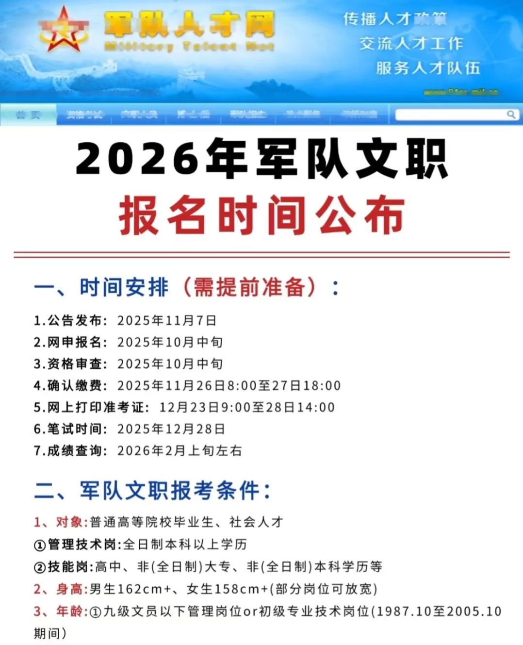 2026年军队文职报名时间