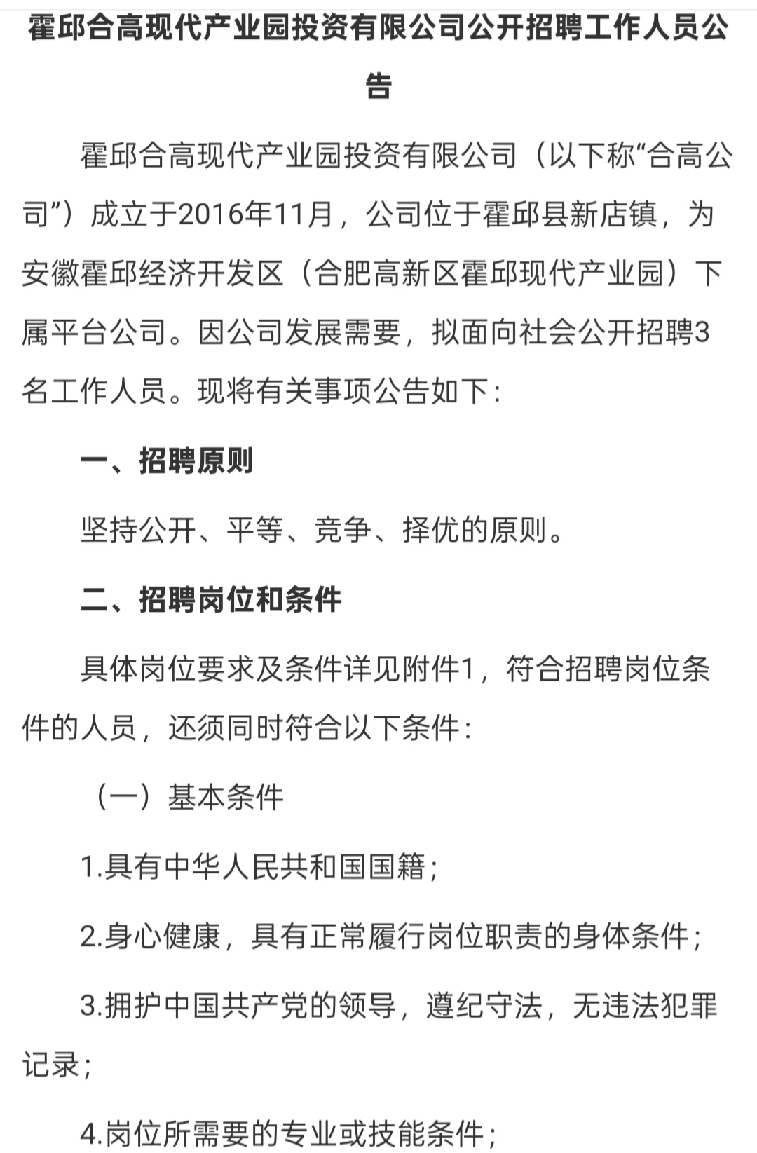 六安霍邱合高现代产业园投资有限公司招聘