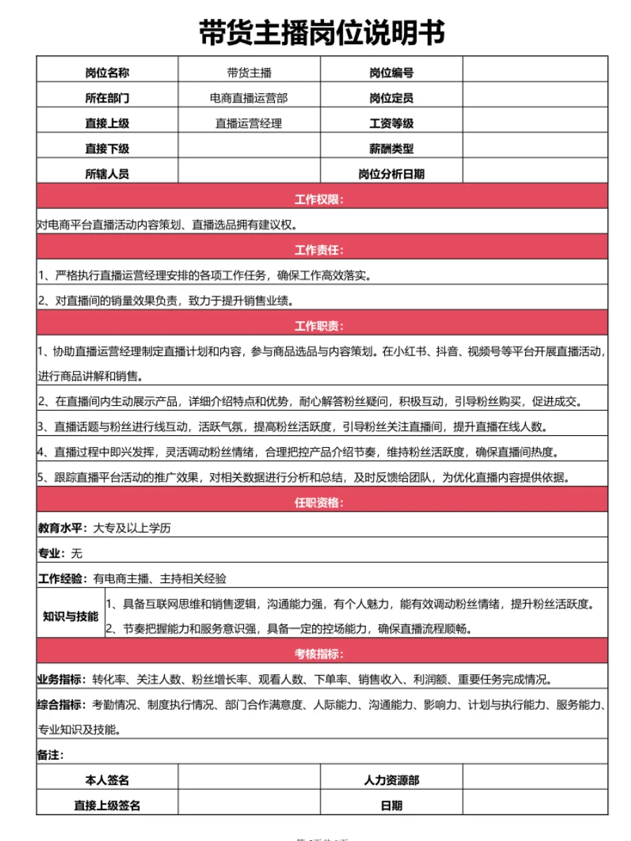HR必看！电商直播运营部岗位说明书🐵