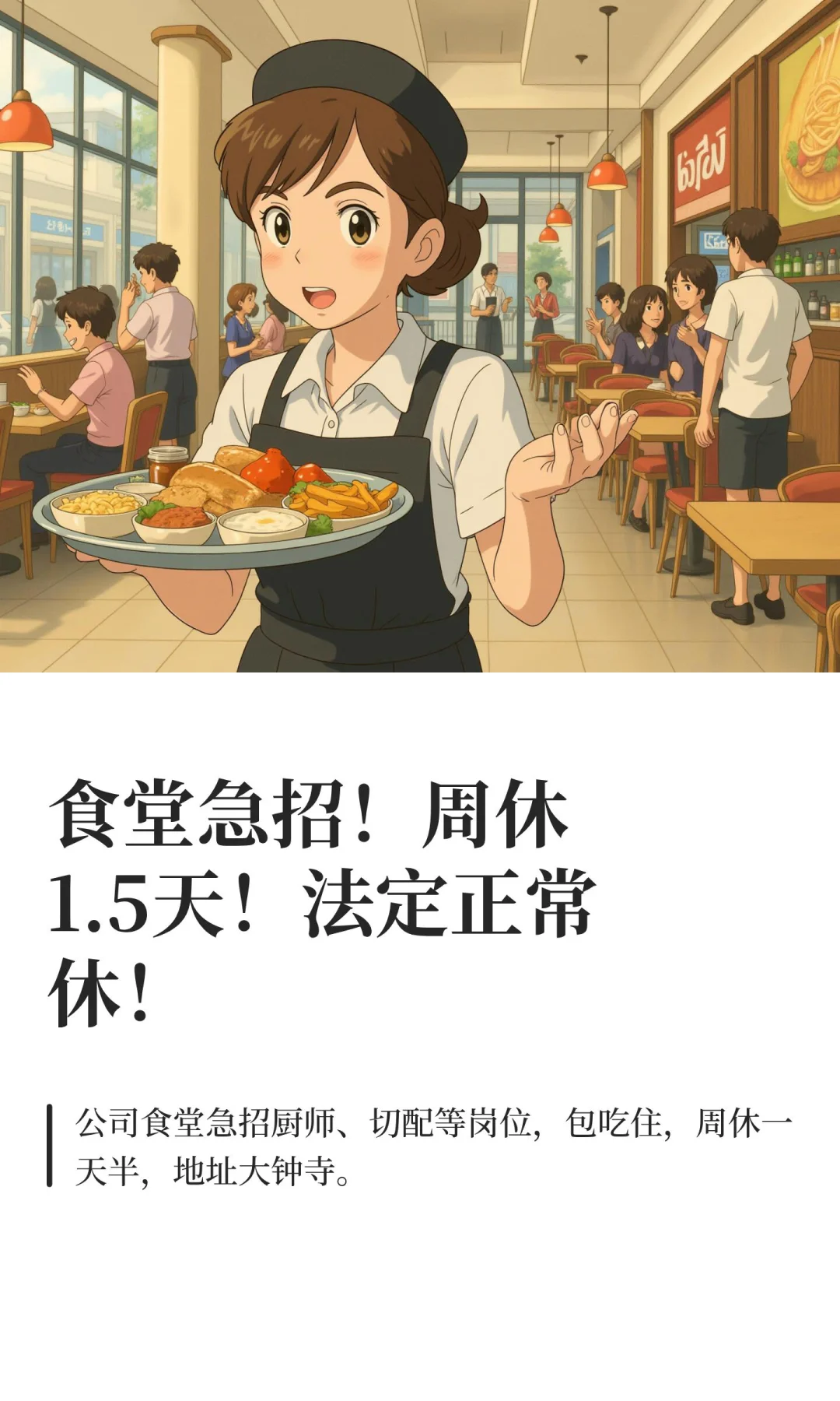 食堂急招！周休1.5天！法定正常休！