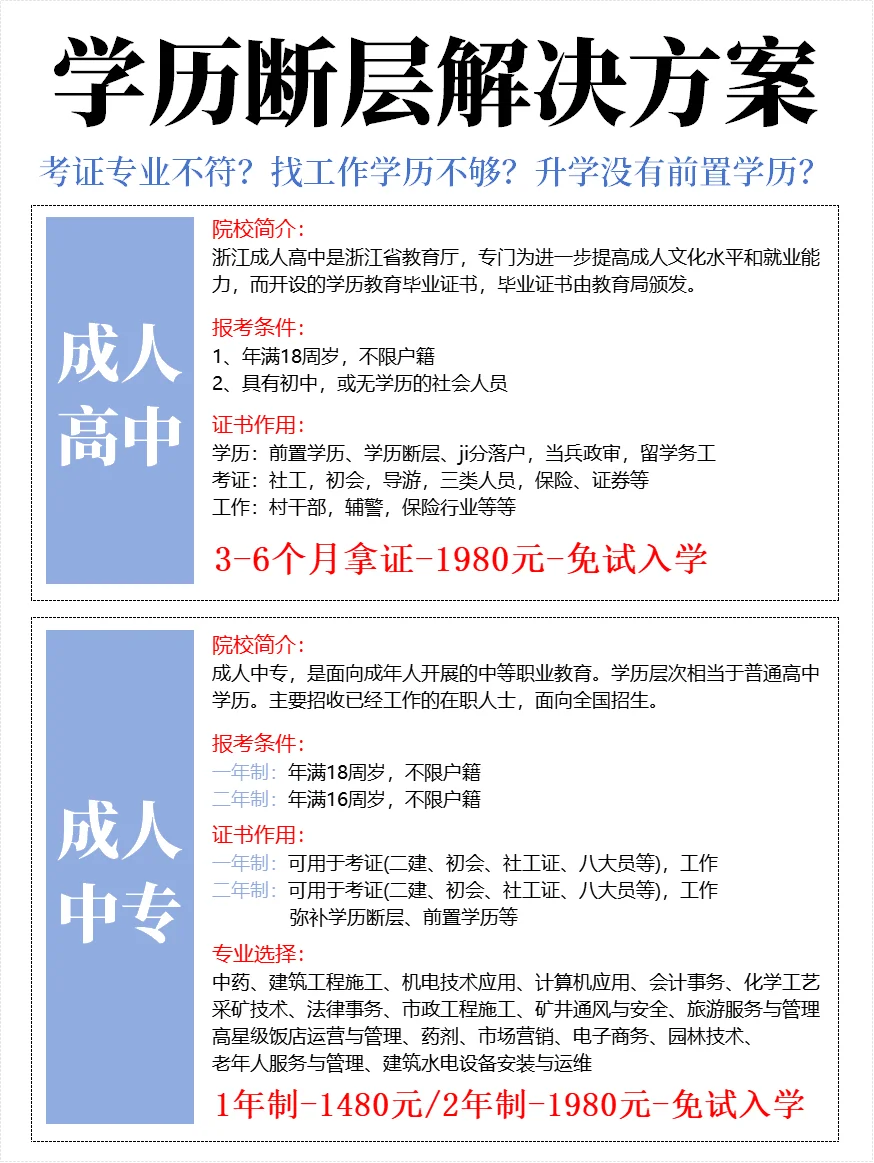 初中毕业，没有高中证，学历断层怎么解决