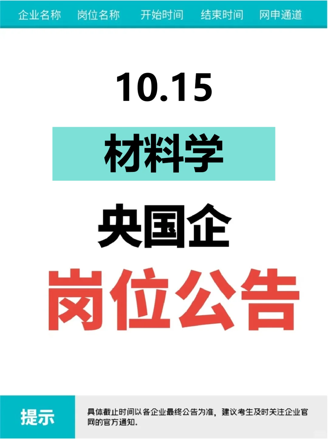 10.15材料学刚刚发布央国企岗位（1339个）