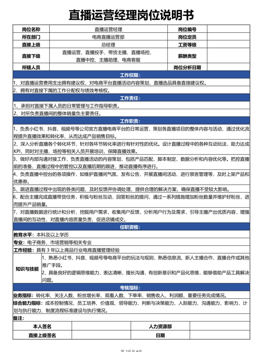 HR必看！电商直播运营部岗位说明书🐵