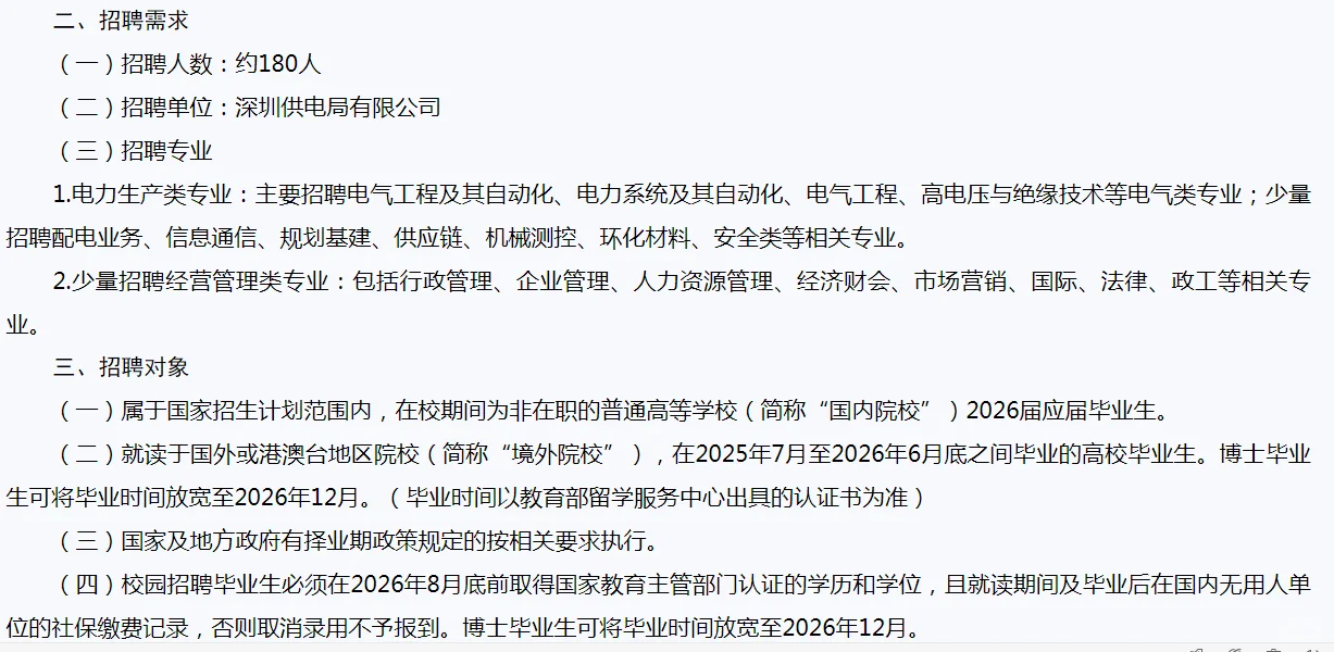 深圳供电局招聘180人！